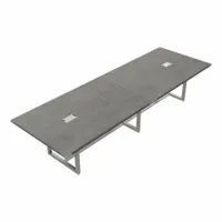 Rectangular conference table with a stone gray fiberboard top and steel legs in a traditional design. Overall length 47 1/4 inches, overall width 144 inches. Suitable for meeting rooms, boardrooms, and collaborative workspaces