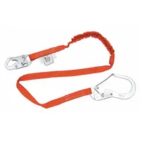 General fall protection shock-absorbing lanyard with steel snap hooks at both ends. Constructed of black polyester with a 310 lb capacity and visual load indicator. Used to connect a full-body harness to an anchor point, absorbing energy during a fall to reduce arrest forces