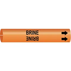 Orange snap-on pipe marker with black 'Brine' legend and directional arrows. Fits pipe outer diameters from 2-1/2 to 3-7/8 inches. Used to identify brine piping systems in industrial facilities, aiding in pipe content and flow direction recognition.