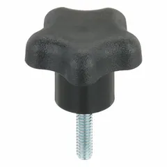 This 5-arm knob features a plastic body with a steel thread insert and a 1/4"-20 threaded stud with 1-inch thread length. It is used for manual clamping, positioning, and adjustment on industrial machinery, jigs, and fixtures.