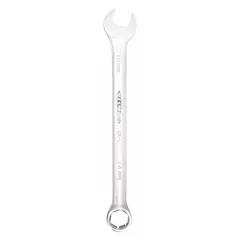 This metric combination wrench features a 6-point box end for a secure grip on hex fasteners. The offset design improves access in confined spaces. Made of alloy steel with a chrome finish, it has a 14 mm head size and 7 1/2 in overall length. Suitable for tightening or loosening fasteners in mechanical maintenance and assembly tasks.