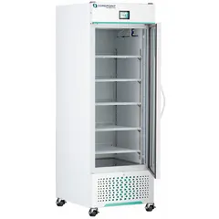 Upright medical and lab refrigerator with 23 cu ft capacity. Maintains temperature range of 1°C to 10°C. Features a swing solid door opening to the right, white finish, and uses R-290 refrigerant. Equipped with a temperature alarm. Suitable for storage of pharmaceuticals, vaccines, and lab samples requiring stable cooling.