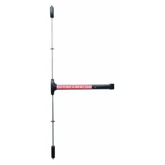Surface-mounted vertical rod exit device with touchbar for emergency egress. Constructed of aluminum. Designed for doors up to 36 inches wide. Releases vertical rods at top and bottom when pushbar is activated.