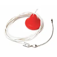 White pull call cord for nurse call systems. Overall width 2 1/16 mm. Electrical cable and adapter type. Used in patient rooms and bathrooms to signal assistance