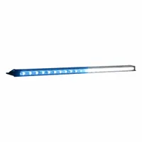SAE Class 1 rated perimeter warning light with 32 selectable flash patterns. Blue/white LED output through a clear lens, operating at 12V and 6.4W. Permanent-mount design for emergency vehicle perimeter lighting applications