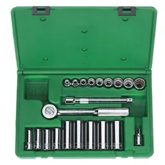 This 21-piece SAE socket set includes a 3/8 in drive fixed round head ratchet and standard 12-point sockets ranging from 1/4 in to 7/8 in. The set is suited for tightening and loosening fasteners in automotive repair, industrial maintenance, and mechanical assembly.