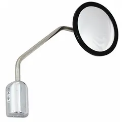 Round convex mirror designed for driver or passenger side vehicle use. Assists in reducing blind spots during lane changes. Includes mounting hardware for installation.