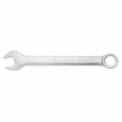 This SAE 12-point combination wrench is made of alloy steel with a satin finish. It has a 2-5/8 in head size and a 32 in overall length with an offset design. Used for tightening or loosening fasteners in heavy industrial maintenance, construction, and plant assembly.