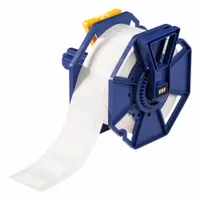 White matte-finish precut label roll with 3/4 in height, 1 1/2 in width, and 3/4 in roll length. Compatible with J7300 printer series. Used for cryogenic and industrial identification, including asset tracking, pipe marking, and equipment labeling