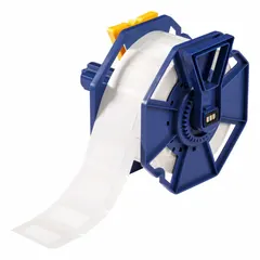 White matte-finish precut label roll with 3/4 in height, 1 1/2 in width, and 3/4 in roll length. Compatible with J7300 printer series. Used for cryogenic and industrial identification, including asset tracking, pipe marking, and equipment labeling.