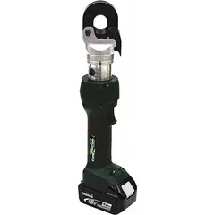 Battery-powered guillotine cutter for 25 mm ACSR and 5/8 in guy strand. Inline design for straight cuts. Operates on Makita 18V LXT platform; includes two batteries. Used for cutting wire in utility, construction, and telecom applications.