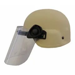 This Level IIIA ballistic helmet is constructed from aramid material and features a suspension system for impact absorption. It includes a 6-inch Paulson face shield for additional protection. Sized XL to fit hat sizes, it is suited for tactical and security applications requiring head and face defense.