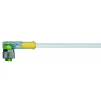 Single-ended cordset with M12 female right-angle connector on one end and bare wire on the other. Features 5 pins, 22 AWG wire, 1 m gray PUR cable, rated 4 A max current and IP66K. Suitable for connecting sensors and actuators in industrial automation, particularly in twisting applications and tight spaces
