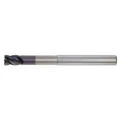 Carbide corner-chamfer end mill with TiAlN coating, 4 flutes, 1/2" mill diameter, and 5/8" length of cut. Reduced-neck design enables deep cavity machining. Used for chamfering and deburring edges on steel and cast iron workpieces in industrial milling applications.