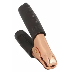 This alligator clip features a parrot jaw design and copper contacts for high-current applications. Rated for 800 A max current and 12V/24V systems, it accepts 1 to 4 AWG wire and includes a screw for secure connection. The vinyl insulation and black finish provide basic protection. Suitable for temporary battery connections in jump-starting, battery charging, and high-current testing.