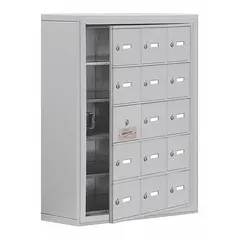 This surface-mount cell-phone locker is constructed of aluminum with an aluminum finish. It features 5 tiers, 3 units wide, providing 14 individual lockers. The frame is assembled and has no handle type. Suitable for securing mobile devices in workplaces, schools, or public facilities.