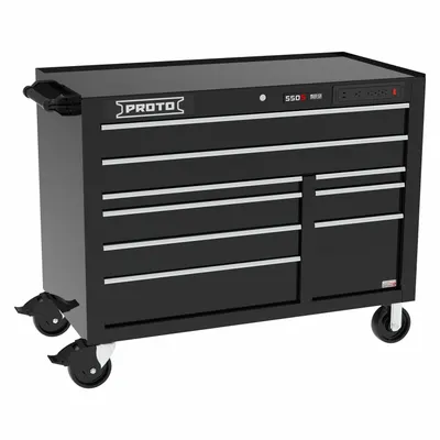 PROTO Rolling Tool Cabinet: Black / Black Drawer, 50 in W x 25 1/4 in D x 41 in H - Electric-Enabled Heavy-Duty Rolling Tool Cabinets