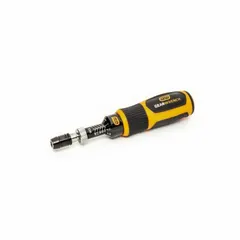 This adjustable torque bit screwdriver features a release mechanism and a torque range of 21 in-oz to 163 in-oz in inch-ounce increments. It is used for precision fastening applications requiring controlled torque, such as electronics assembly, automotive repair, and industrial maintenance.