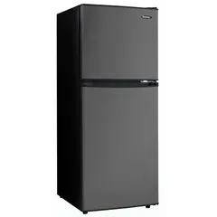 Top-freezer refrigerator with 4.7 cu ft total capacity, three shelves, and manual defrost. Energy Star Certified. Reversible solid door. 115V AC, 3-prong electrical connection. Suitable for compact cold storage in residential or light commercial settings.
