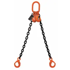 This adjustable-length double-leg chain sling is constructed from Grade-100 alloy steel with latching hooks. It is used for overhead lifting and positioning of heavy loads in industrial environments such as construction, manufacturing, and steel fabrication.