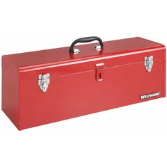 Steel tool box with a single compartment for organizing and transporting tools. Red finish. Includes a padlock for security. Dimensions: 24 inches wide, 8 inches deep, 9 inches high.