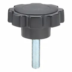 This 8-arm knob features a plastic body with a steel thread insert and a 3/8"-16 threaded stud of 1.5 in length. It is designed for manual clamping, positioning, and adjustment on industrial machinery, jigs, and fixtures. The plastic construction provides a comfortable grip for frequent hand-tightening applications.