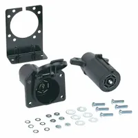 This 7-way T-Connector Kit connects a vehicle's electrical system to a trailer, supporting brake lights, turn signals, and running lights. The PVC construction provides weather resistance for towing applications. Wire gauges of 14 ga and 16 ga accommodate both vehicle and trailer sides