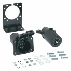 This 7-way T-Connector Kit connects a vehicle's electrical system to a trailer, supporting brake lights, turn signals, and running lights. The PVC construction provides weather resistance for towing applications. Wire gauges of 14 ga and 16 ga accommodate both vehicle and trailer sides.
