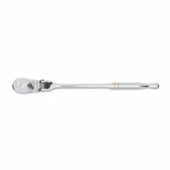 This 11-1/4 in flex-head ratchet features a reversible pear-head design and full polish chrome finish. The head pivots for access in confined spaces. Suitable for tightening and loosening fasteners in automotive, industrial, and mechanical applications.