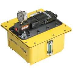 Air-operated hydraulic workholding pump unit with pendant control. Delivers maximum operating pressure of 5,000 psi from a 2-gallon reservoir. Used for powering hydraulic cylinders in industrial clamping, pressing, and lifting applications.