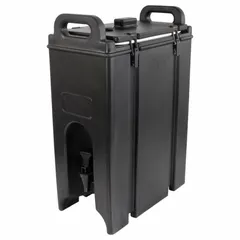 This single-dispenser unit is constructed of black polyethylene in a rectangular shape. With a 4.8-gallon capacity, it is suited for serving cold beverages in commercial food service settings such as cafeterias and events.