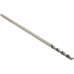 High-speed steel extended-length drill bit with a 3/16" diameter and 12" overall length. Features a 135° split point and black oxide finish. Suitable for drilling deep holes in metal, wood, and plastic where standard-length bits cannot reach.