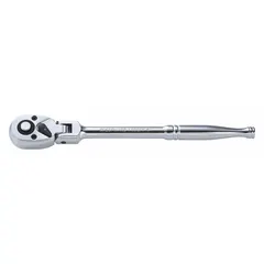 This reversible flex-head ratchet features a chrome finish and a 9 1/2-inch overall length. The 5° minimum arc swing allows use in confined spaces. Suitable for tightening and loosening fasteners in automotive repair, machinery maintenance, and general industrial assembly.