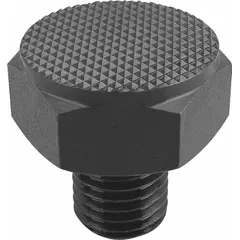 Steel positioning foot with serrated face and external M16 thread. The serrated face provides grip to prevent slipping, suitable for leveling and positioning machinery, fixtures, and workholding setups in industrial environments.