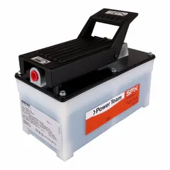 Foot-mounted hydraulic pump unit with 105 cu in reservoir capacity, delivering up to 100 psi operating pressure. Powered by compressed air, it is used in industrial maintenance, construction, and manufacturing to operate hydraulic cylinders, jacks, and tools for lifting, pressing, and tensioning applications.