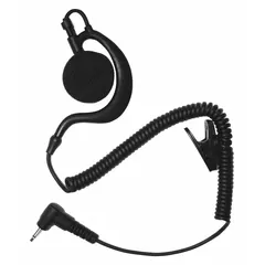 This listen-only earpiece features a 2.5 mm jack connector and an ear hook design in black. It is intended for private audio monitoring in two-way radio communications, allowing the user to hear incoming transmissions without broadcasting. Compatible with universal radio series.