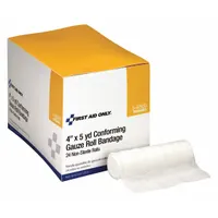 Non-sterile, latex-free conforming gauze bandage for wound dressing and securing pads. Each roll measures 4 inches wide by 4 yards long, made of white gauze without fastener. Meets ANSI Z308.1-2015 standards for first aid kits. Suitable for general first aid applications in workplace and industrial settings