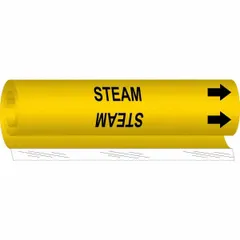 Wrap-around pipe marker for steam lines. Yellow background with black legend and directional arrows. Fits pipe outer diameters from 2-1/2 to 7-7/8 inches. Single marker supplied.