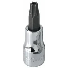 Security Torx bit socket with 1/4 in drive and T10 tip for driving tamper-resistant Torx fasteners. Features a replaceable insert design. Suitable for automotive, electronics, and industrial maintenance applications.