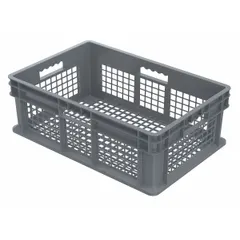 This plastic container features a fully vented milk-crate-style design for airflow and visibility. It is stacking capable and measures 23 3/4 in x 15 3/4 in x 8 1/4 in. Suitable for organizing and transporting parts, supplies, or inventory in warehouses and distribution centers.