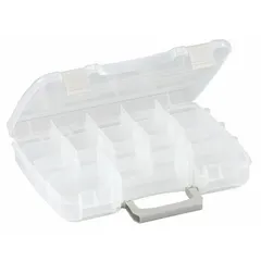 Clear plastic compartmented box with 17 compartments and 12 adjustable dividers for custom storage of small parts. Measures 11 in x 8 1/4 in x 2 1/4 in. Not electrostatic discharge conductive. Suitable for organizing hardware, craft supplies, or components in workshops and industrial settings.