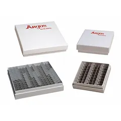 Cardboard freezer box for cold storage of laboratory samples. Includes a (64) Place Cell Driver for organizing and protecting samples during freezing. Compatible with manufacturer model number 4417466.