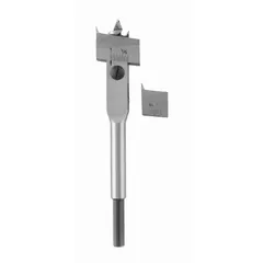 Adjustable-size flat spade drill bit for drilling large-diameter holes in wood, plywood, and composite materials. Features a 1/4 in shank diameter and 5-1/2 in overall length. The cutting diameter can be set up to 1-3/4 in.