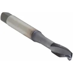 Spiral-flute tap for threading nickel and titanium alloys. #10-24 UNC thread size, H3 / 3B tolerance, plug chamfer, TiCN coated powdered metal construction with 3 flutes. Suitable for applications requiring thread quality in tough materials.