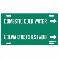Green strap-on pipe marker with white legend reading 'Domestic Cold Water' and directional arrows. Fits pipe outer diameters of 10 to 15 inches. Used to identify domestic cold water lines in piping systems