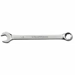 This SAE 6-point combination wrench features a 3/4 in head size and a 9 3/4 in overall length with an offset design. The chrome finish resists corrosion, and the 6-point box end provides a secure grip on fasteners. Suitable for tightening or loosening fasteners in automotive repair, industrial maintenance, and mechanical assembly.