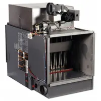 This gas-fired duct furnace provides 150,000 BtuH heating capacity input for forced-air heating systems. Constructed with aluminized steel, it features a 1/2 in male NPT gas connection with a bottom gas inlet configuration. Designed for duct-mounted installation, it delivers warm air through ductwork in commercial or industrial spaces