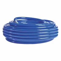 This 100-foot airless paint sprayer hose has a 3/8-inch inside diameter and is constructed with a nylon tube and nylon cover in blue. It features female fittings on both ends and is rated for a maximum operating temperature of 180°F. Designed for use with airless sprayers to deliver paints under high pressure