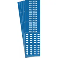 Blue adhesive pipe marker with white legend text reading 'House Vacuum' and arrows indicating flow direction. Designed for pipes with outer diameter of 3/4 inch or smaller. Each pack contains 5 markers. Used to identify vacuum lines in industrial piping systems