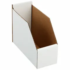 This light-use cardboard shelf bin measures 4 1/4 in x 8 1/2 in and is white. It contains 30-45% recycled content. Dividers are not included, and it is not electrostatic discharge conductive. Suitable for organizing small parts, office supplies, or lightweight components on shelves or workbenches in warehouses, workshops, or retail environments.
